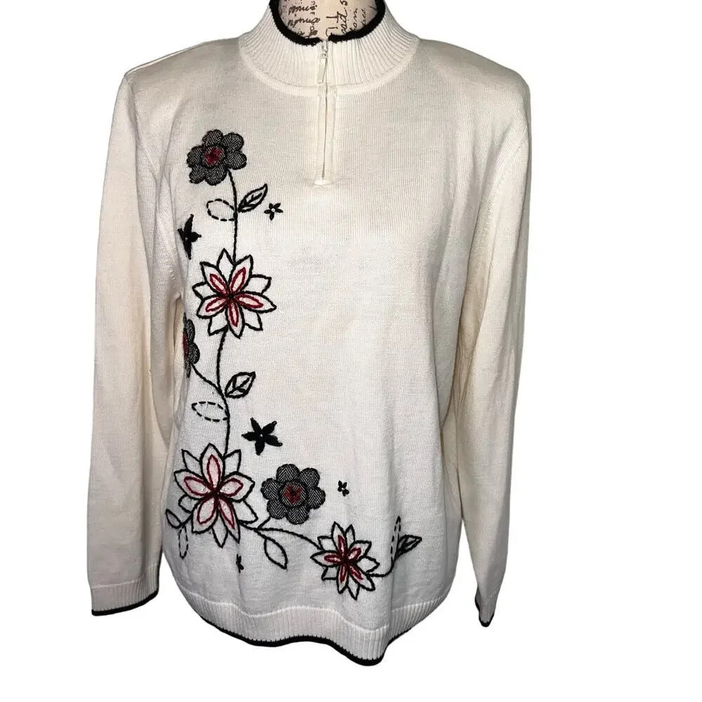 Alfred Dunner, M, Shelbourne Fall Wool Blend jewel yarn embroidered 1/4 zip